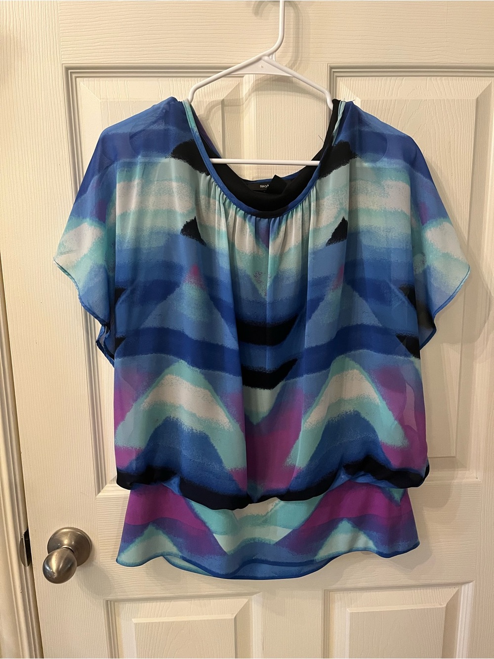 Style & Co. Blue Aqua Purple Chevron Short Sleeve Blouse, Medium